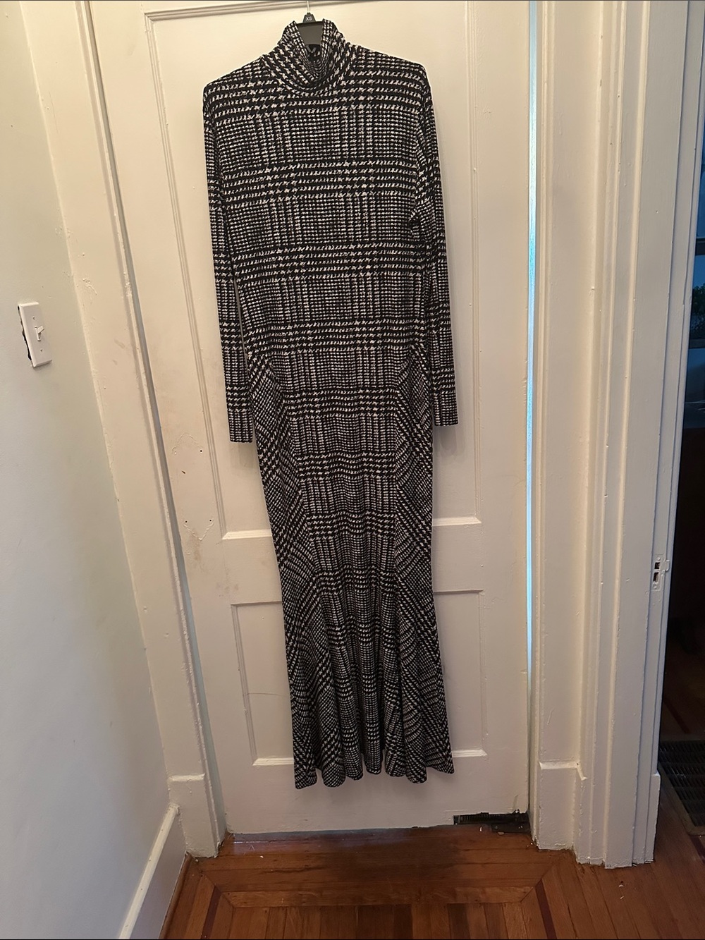 Norma Kamali Black & White Glenn Plaid Turtleneck Fishtail Maxi Dress